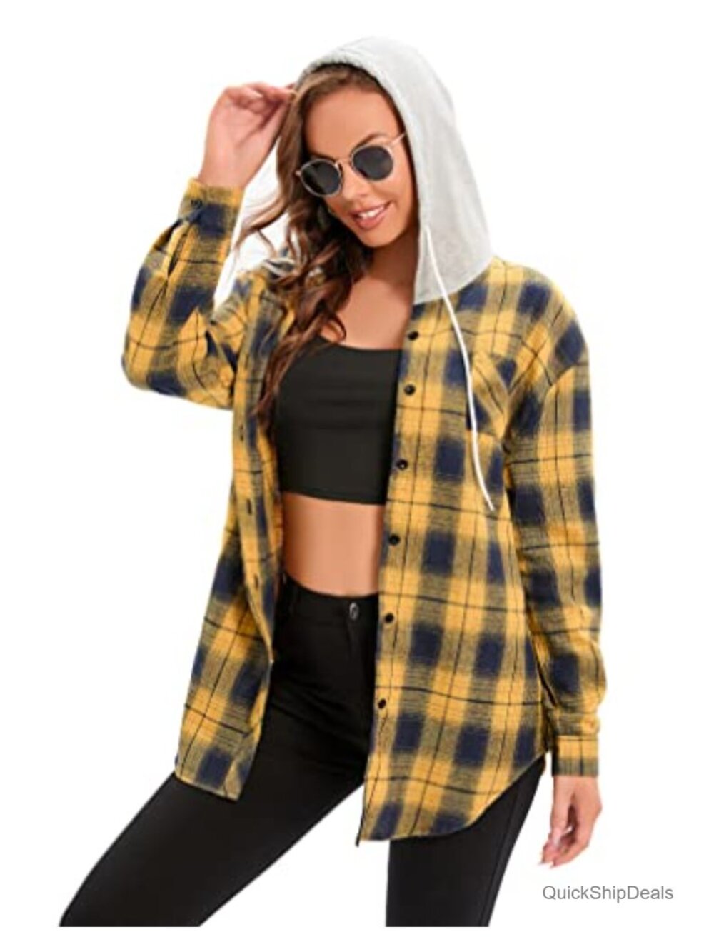 Women's Plaid Flannel Hoodie Shirt Jacket Button Down Long Sleeve Oversized